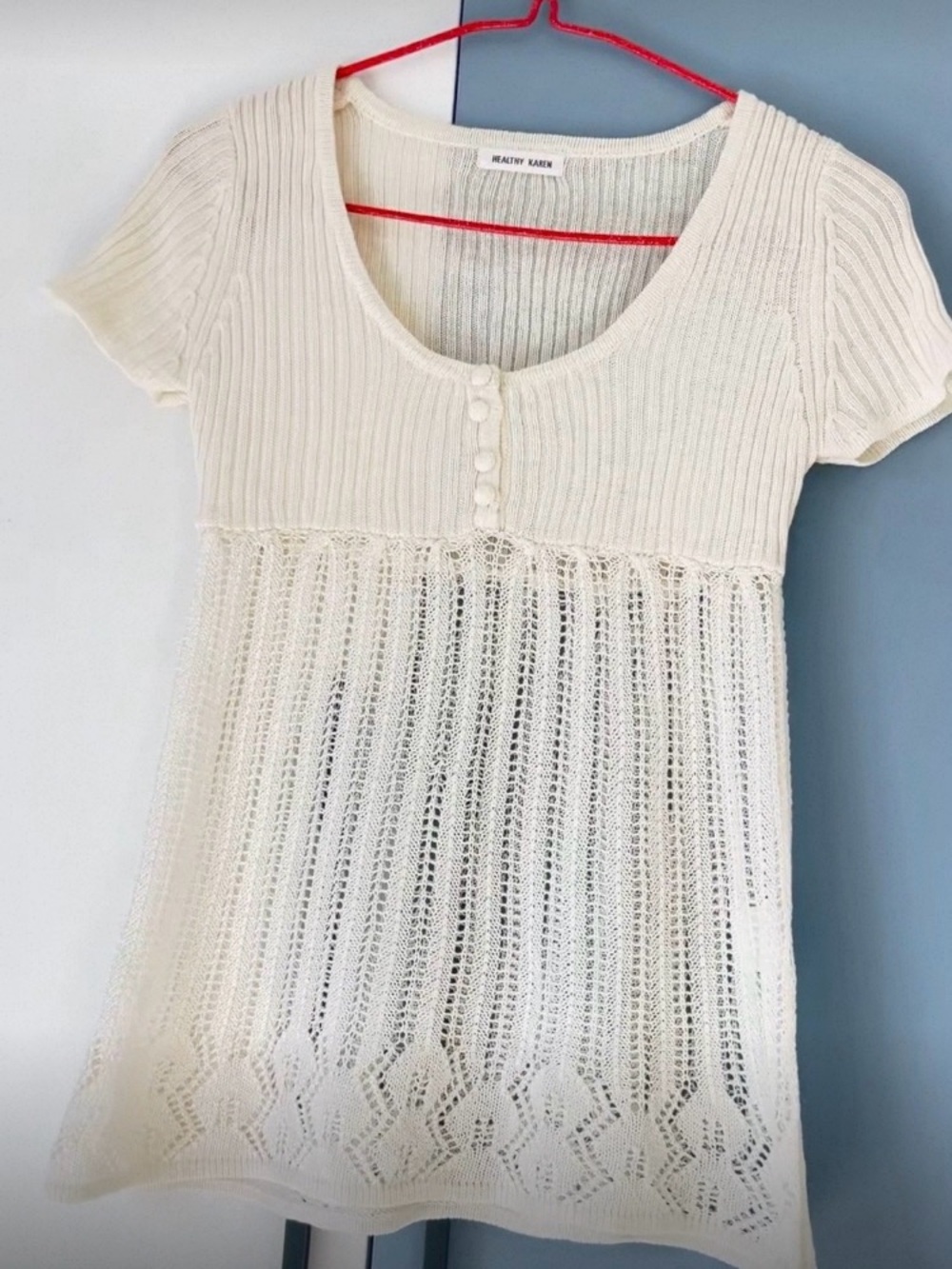 Cream Short-Sleeve Knit Tunic with Button Front